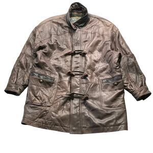 Vintage Miropa Brown Leather Toggle Coat Jacket Mens XL Plaid Lined Korea Brown
